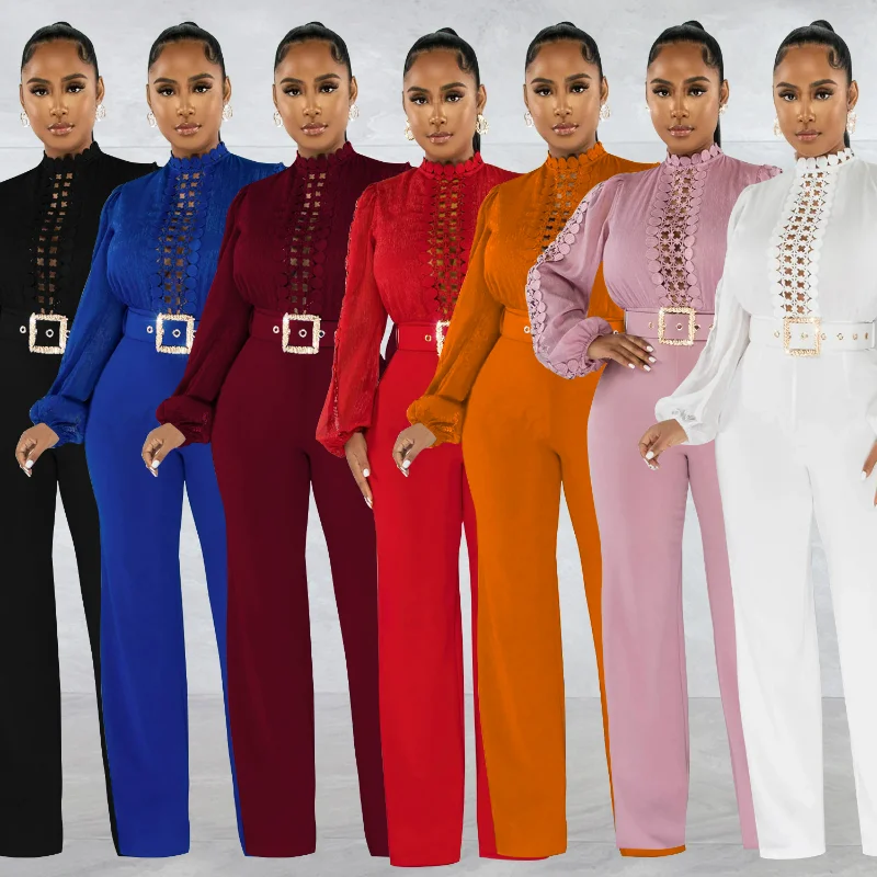 Elegant Hollow Out Office Lady Jumpsuit with Belt Autumn Long Sleeve Wide Leg Pants One Piece Luxury Evening Party Club Playsuit