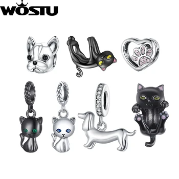 WOSTU Copper Black Cat Charms Cartoon Dog Beads Dachshund Pendant Cute Fit Original DIY Bracelet For Women Fashion Jewelry Gift 1