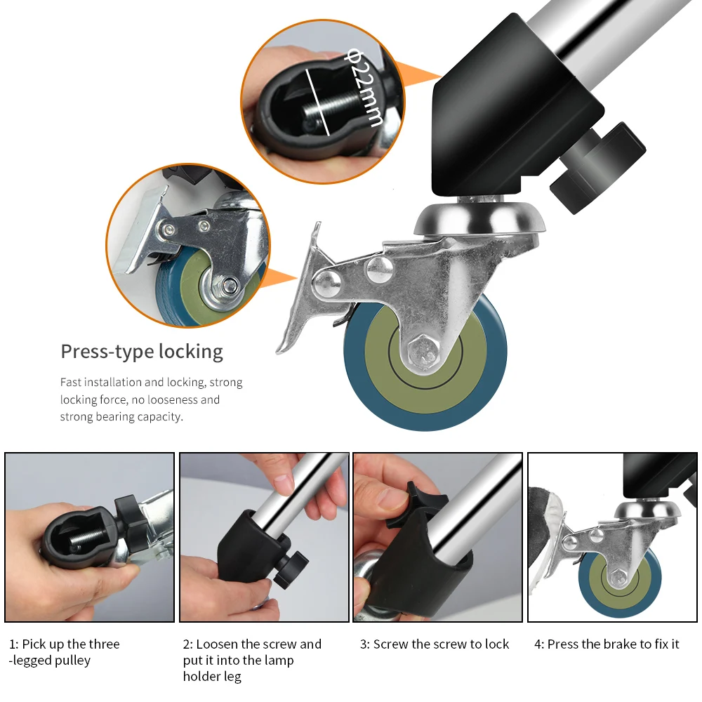 thumbnail image 2 of 3-Pack Lockable Caster Wheels For Light Stands & Tripods - 22mm Diameter, Stainless Steel Track Wheels With Brake 2 of 11