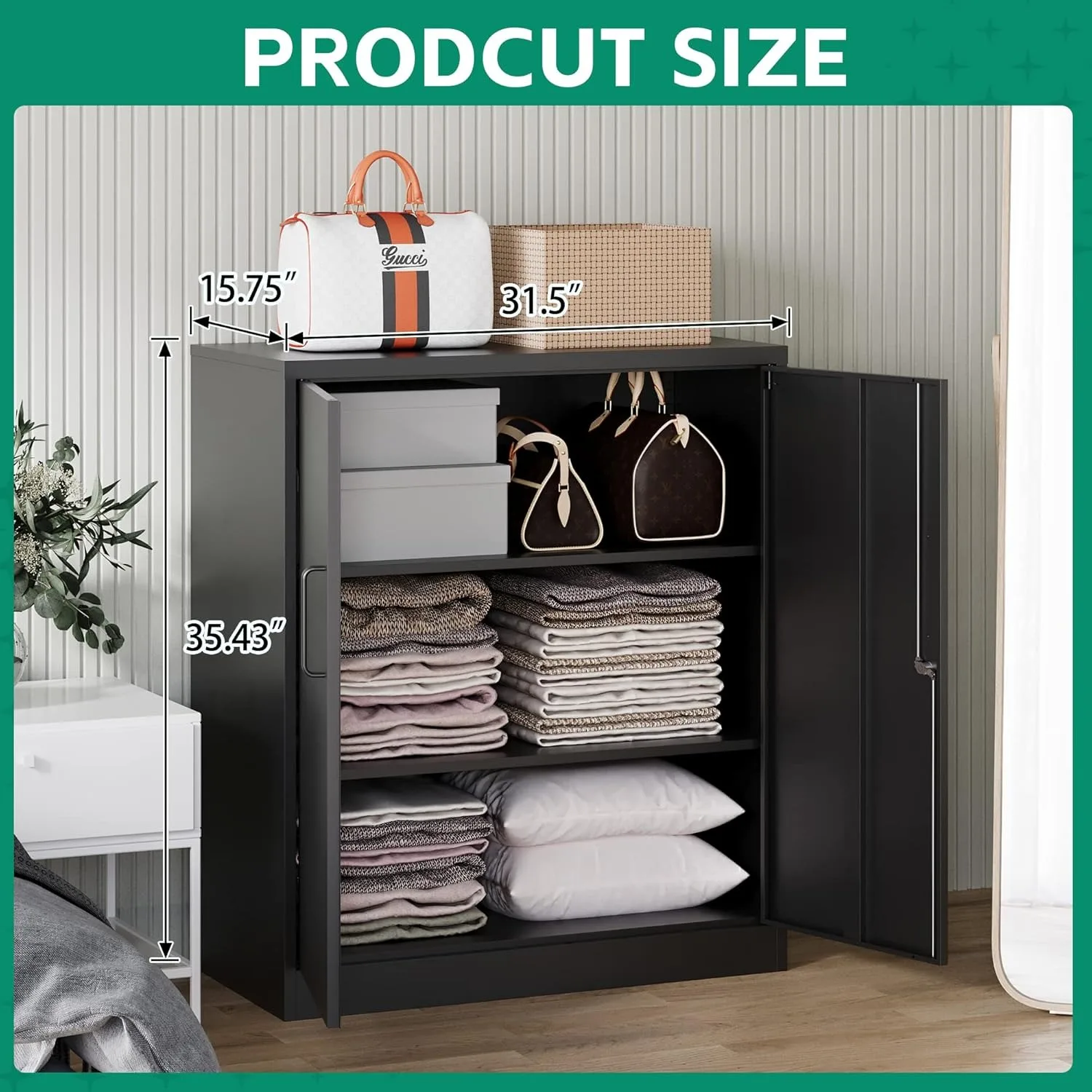 Metal Storage Cabinets with Lock, Small Locker Steel Cabinets, Adjustable Shelves 2 Doors for Home,Office(Black-36) 3