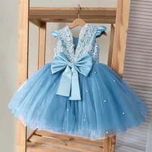 Bonito do bebê menina tutu vestido bordado laço flor princesa vestido para 1st festa de aniversário recém nascido babi azul grânulo tule formatura roupas