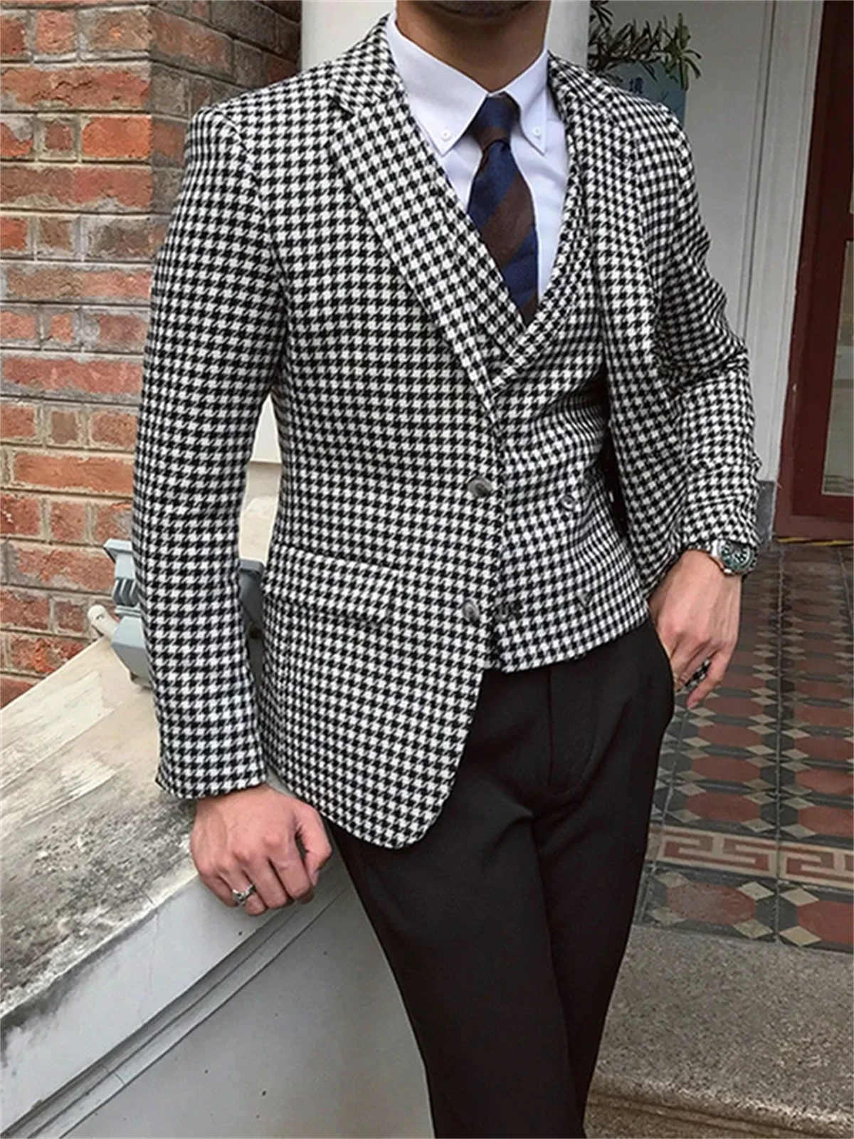 3 Pieces Houndstooth Men's Blazer Suits For Wedding Business Formal Tweed Groom Tuxedos Party Prom Man Suits Jacket+Pants+Vest