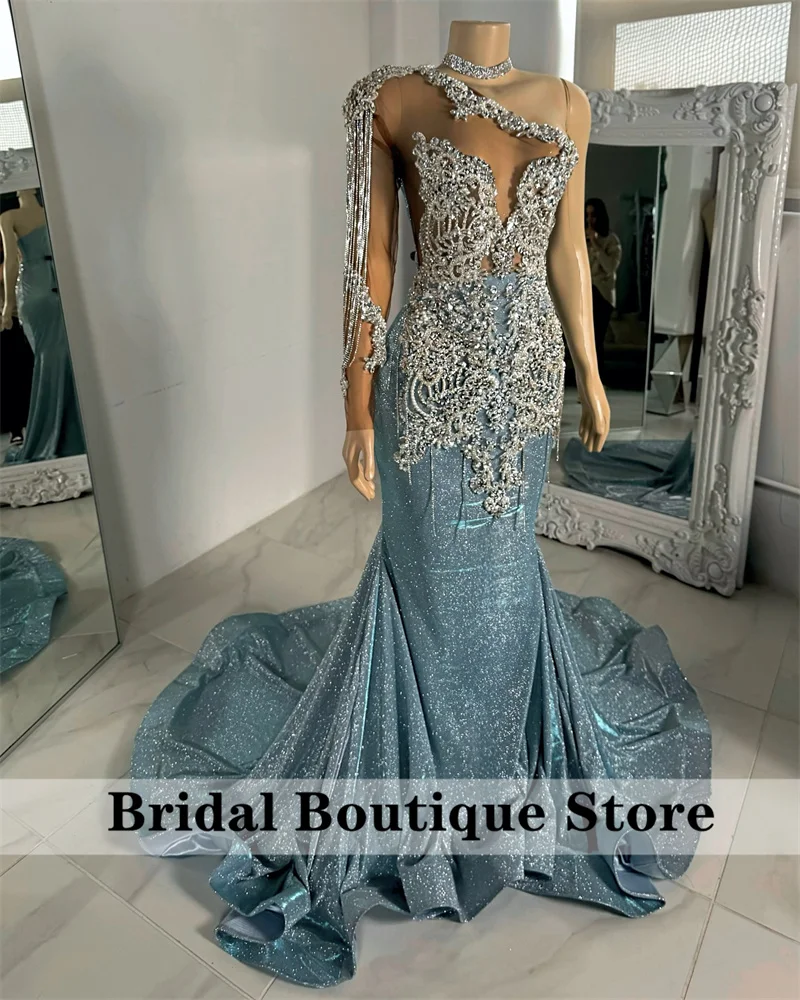 

Glitter Diamonds Blue Long Prom Dress 2024 One Sleeve Beads Crystal Rhinestones Tssels Long Birthday Party Wedding Party Dress