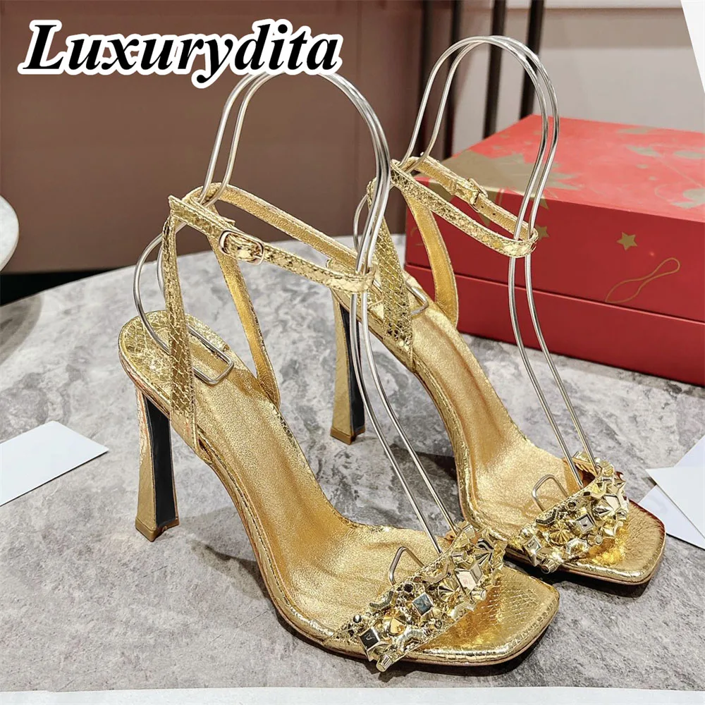 

LUXURYDITA Women Chain Sandal Luxury Designer High Heels 10CM Customize Banana Red Heel Socialite Dinner Wedding shoes H1477