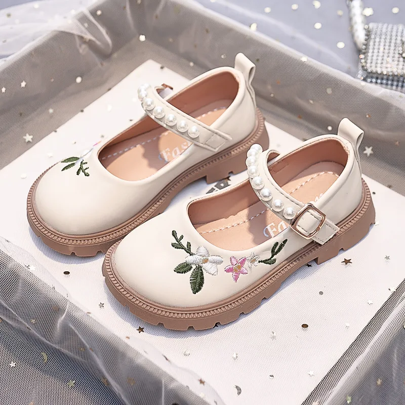 Girls Embroidery Princess Shoes 2024 Spring and Autumn Soft Bottom Children's Baby Leather Shoes Little Girl Shallow Mouth Shoes - 2