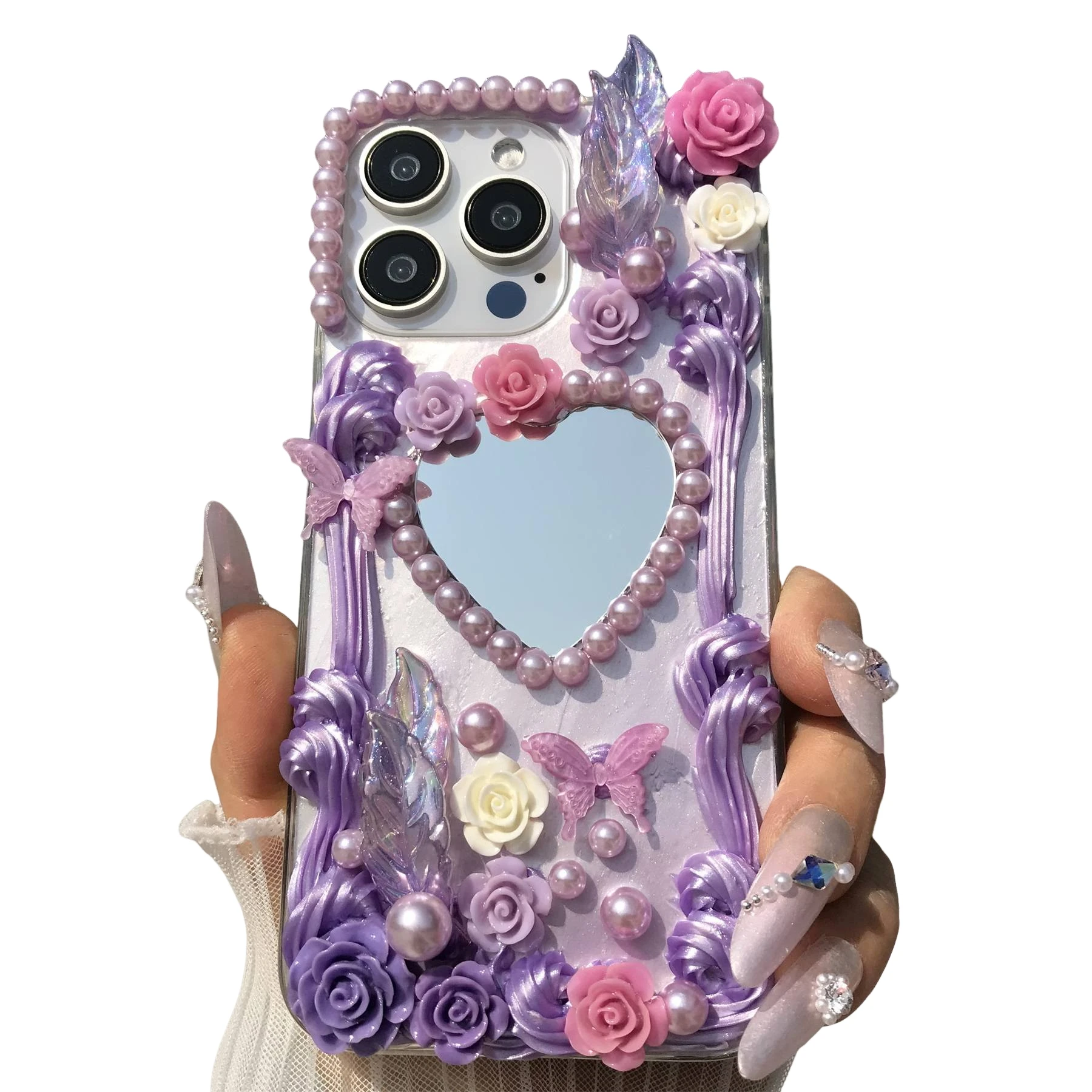 Handmade Purple Baroque Floral Mirror Phone Case - Soft TPU Dustproof Retro Design