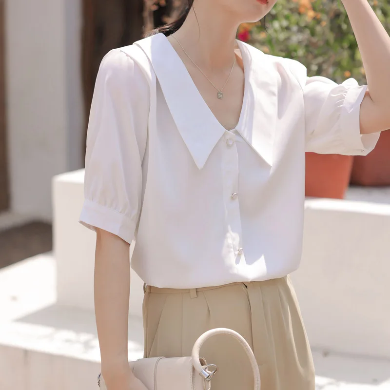 

Fashion Casual Women's White Shirt Doll Collar Summer New Chic Short Sleeve Blouse Top Clothes