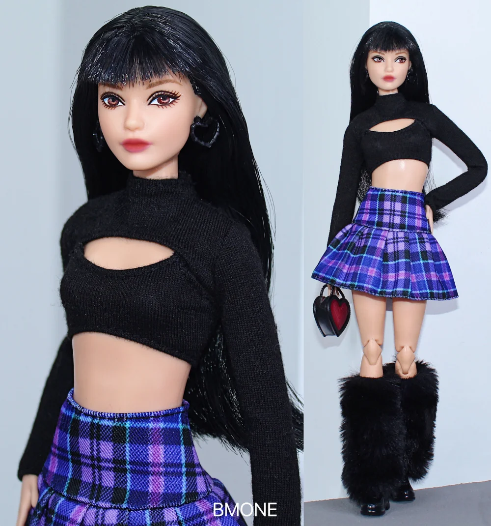 

Black shirt + blue grid skirt / clothing set / 30cm doll clothes autumn wear outfit For 1/6 Xinyi Fr2 ST Barbie Doll