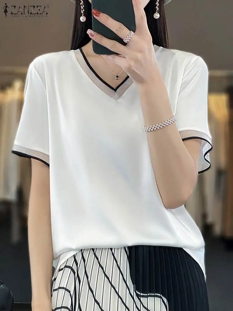 

Модные рубашки ZANZEA 2024, летние блузки с V-образным вырезом, Женская Повседневная Туника с коротким рукавом, топы, Свободные цветные женские блузы в стиле пэчворк