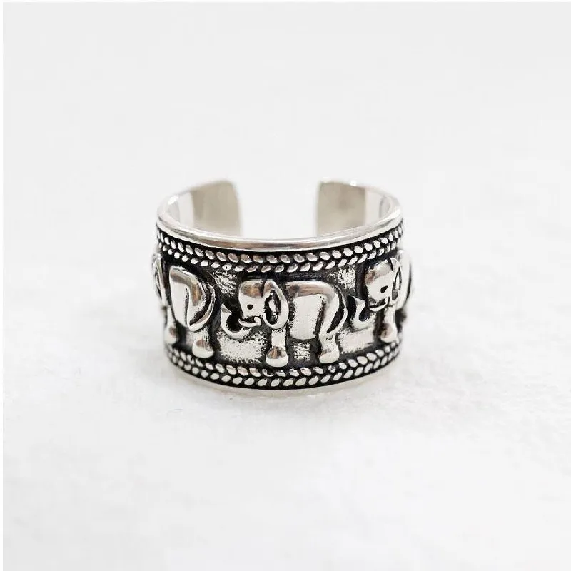 Retro Elefant Breiter Ring Für Frauen Männer Silber Farbe Vintage Ethnischen Stil Offener Ring Punk Gothic Zubehör Designer Schmuck Geschenk – Detail 7
