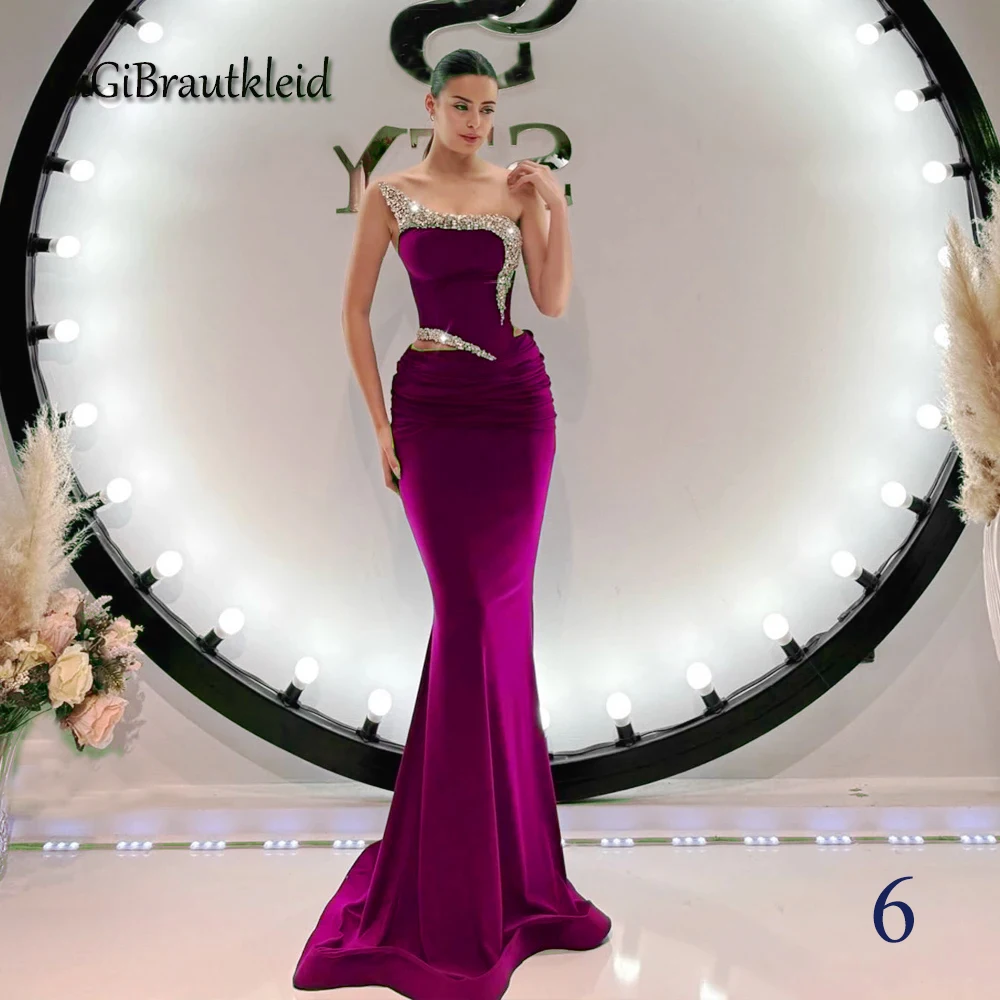 GiGiBraut Women Satin Occasion Dresses Mermaid Pleated Crystals One Shoulder Prom Gowns Robes De Soiree Customized cocktail dress evening dresses