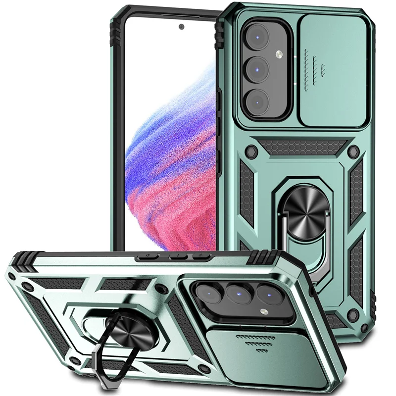 Durable Armor Case with Ring Holder and Slide Lens Protection