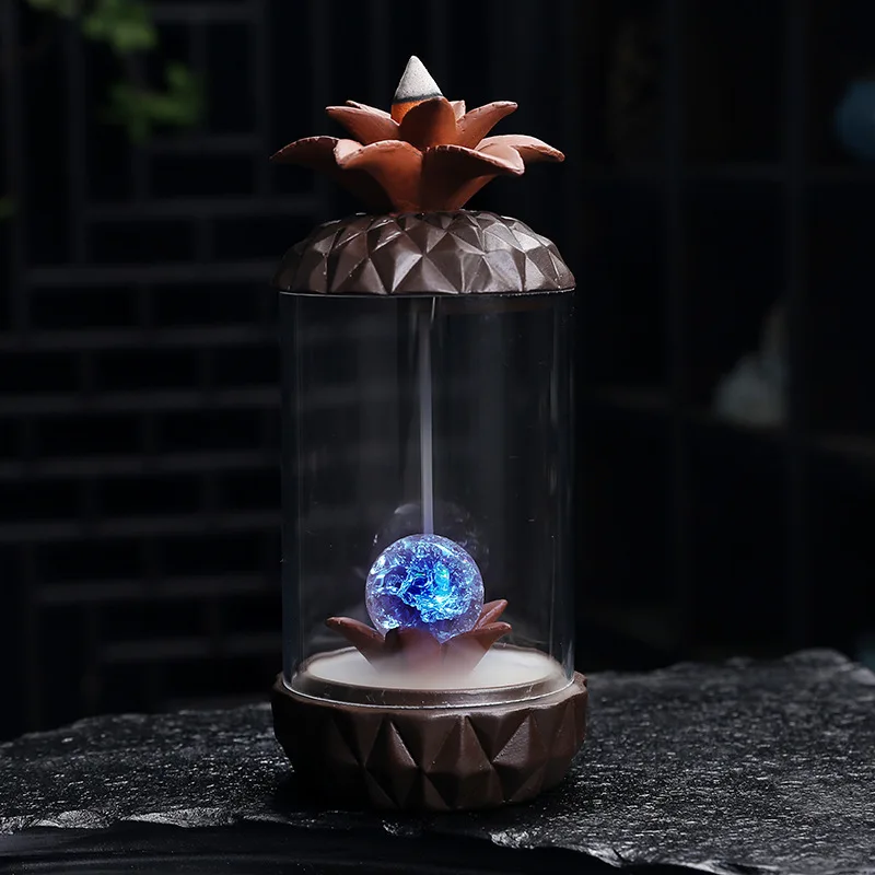 

Purple Sand Windproof Hood Backflow Incense Burner Creative Pineapple LED Lamp Smoke Dust Backflow Incense Burner Incense Burner