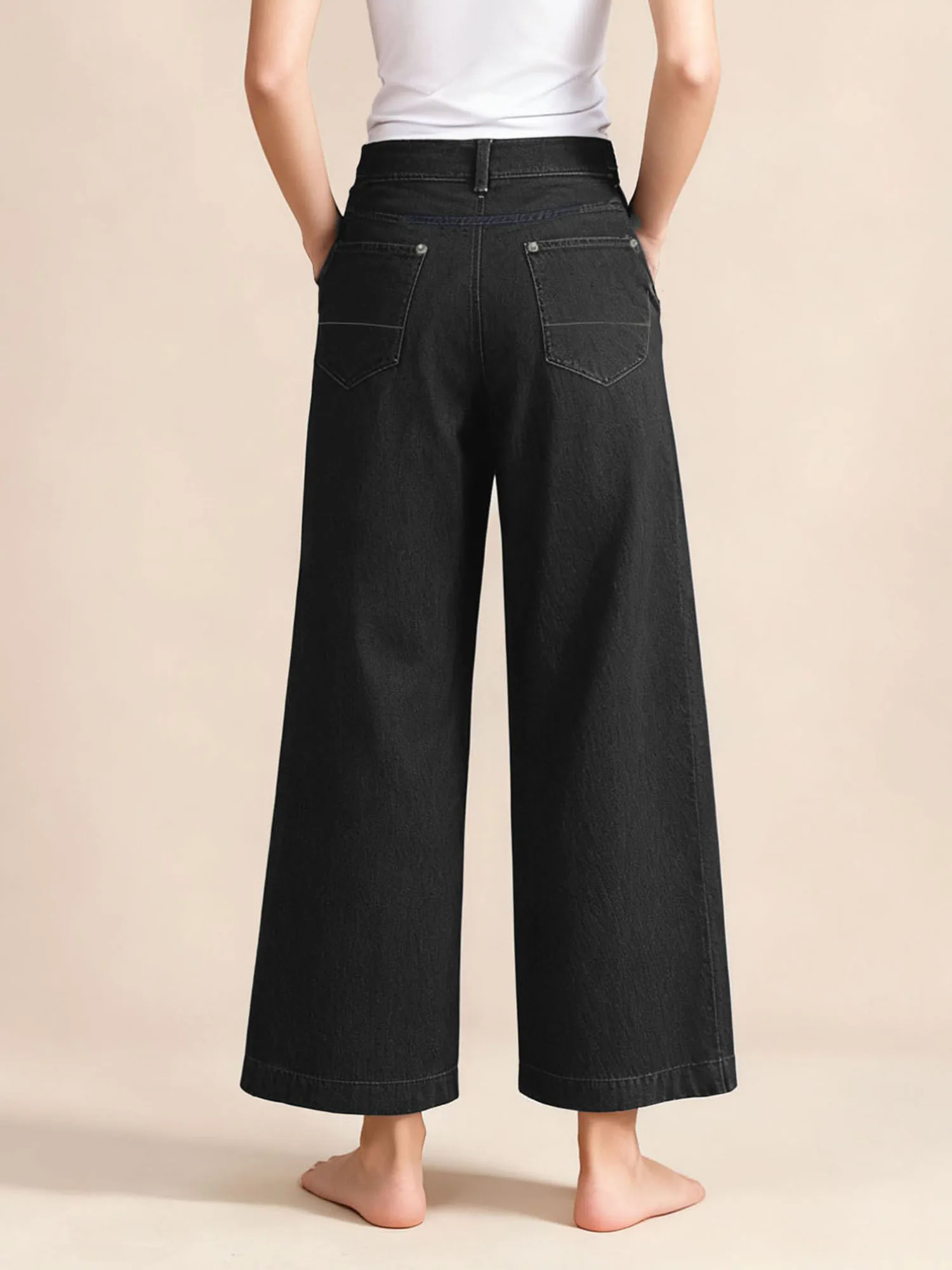 Women s Stylish Wide Leg Denim Trousers with Pockets Trendy Loose Fit Mid Rise Jeans in Solid Color for Casual Wear