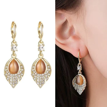 925 Silver Needle Korean Fashion Water Drop Cat Eye Stone Earrings For Women Jewelry 2025 Trending Crystal Leaf Drop Earrings