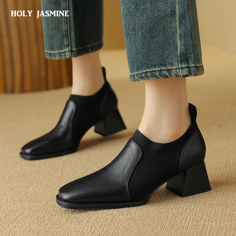 

2024 New Genuine Leather Top Quality Sheepskin Shoes Woman Spring Slip on Dress Black Round Toe Ladies Loafers High Heel Shoes