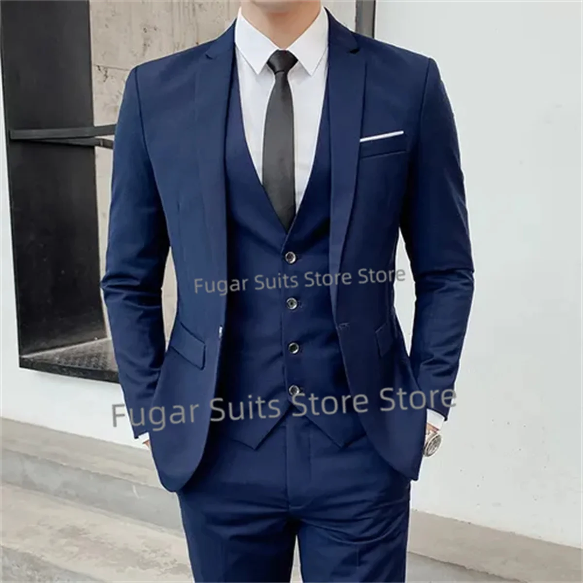 

Business Navy Blue Wedding Man Suits Slim Fit Notched Lapel Groom Tuxedos Prom 3 Pieces Sets Formal Male Blazer Costume Homme