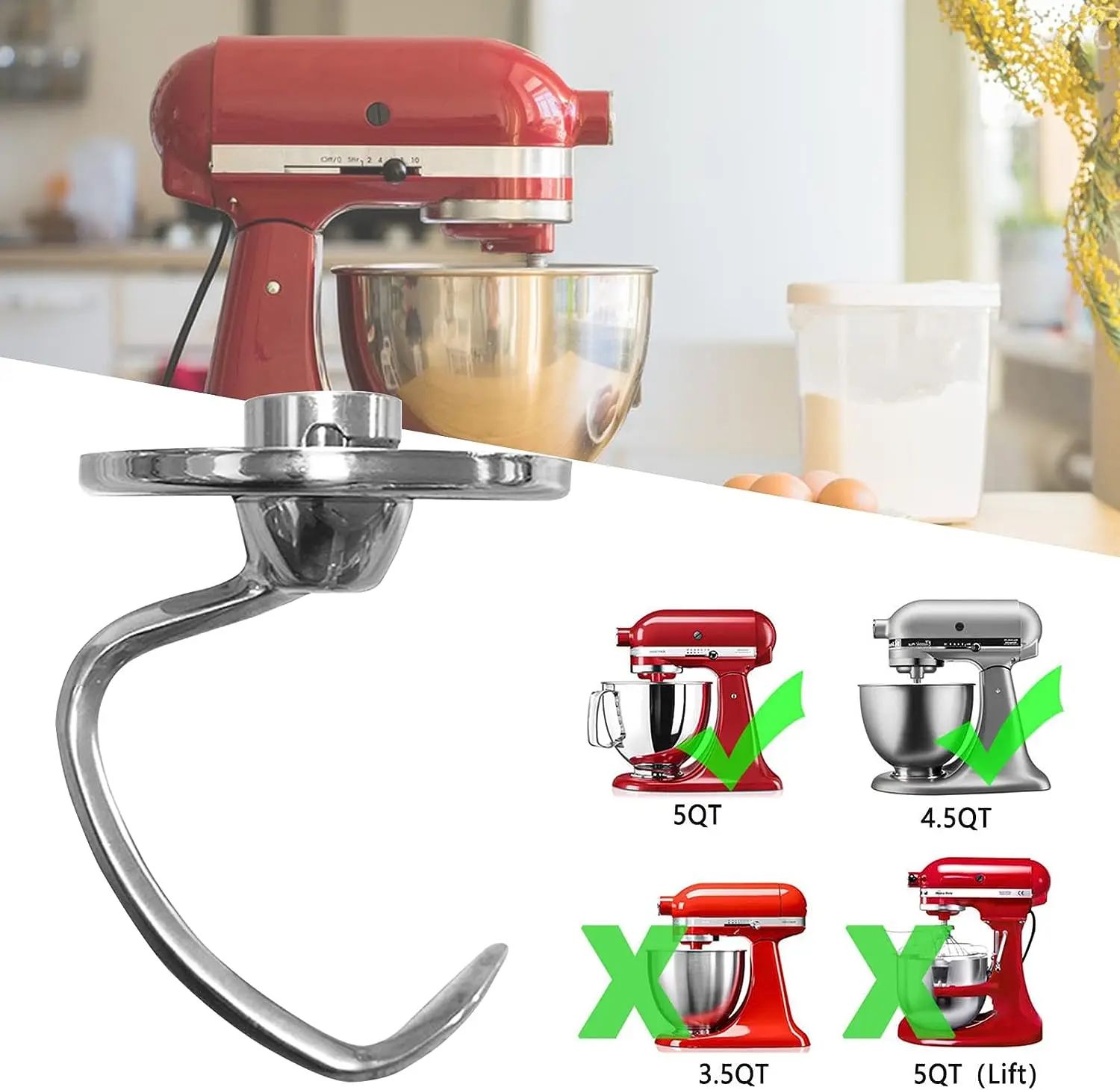 kitchenaid 5qt ,Dough Hook Attachment, Non-stick Bread Hook Mixers  Accessories Replacement Dough Hook for Kitchenaid Stand Mixer