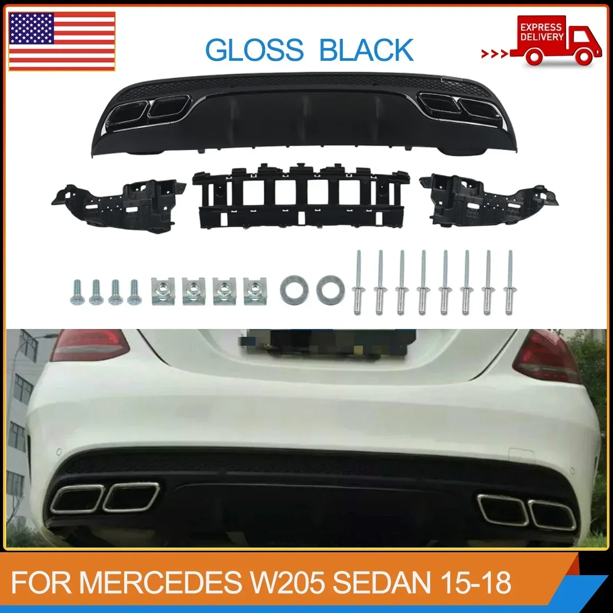 

MagicKit for Mercedes-Benz W205 S205 2014-2020 Black Rear Diffuser+Exhaust Tips C63 Style AMG Line Only Free Shipping