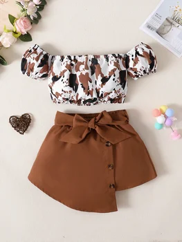 2PCS Toddlers Girl Summer Clothes Set Off Shoulder Leopard Print Top+Short Skirt with Bow Birthday Party Wear for Kids 1-4 Years 1