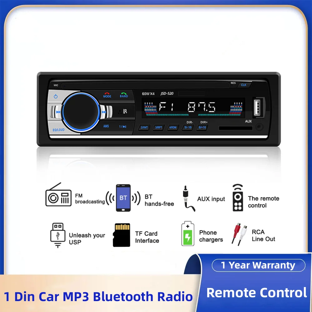 

JSD-520 1 Din 12V Bluetooth Car Radio MP3 Player Stereo FM Universal Audio Para Auto Estereo Music Remote Control USB/SD/AUX-IN