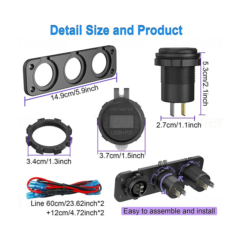 12V USB 패널 소켓 PD USB 충전기, 로커 스위치 차량용 시거잭 분배기, 자동차, 보트, 트럭, RV용 LED 전압계 포함