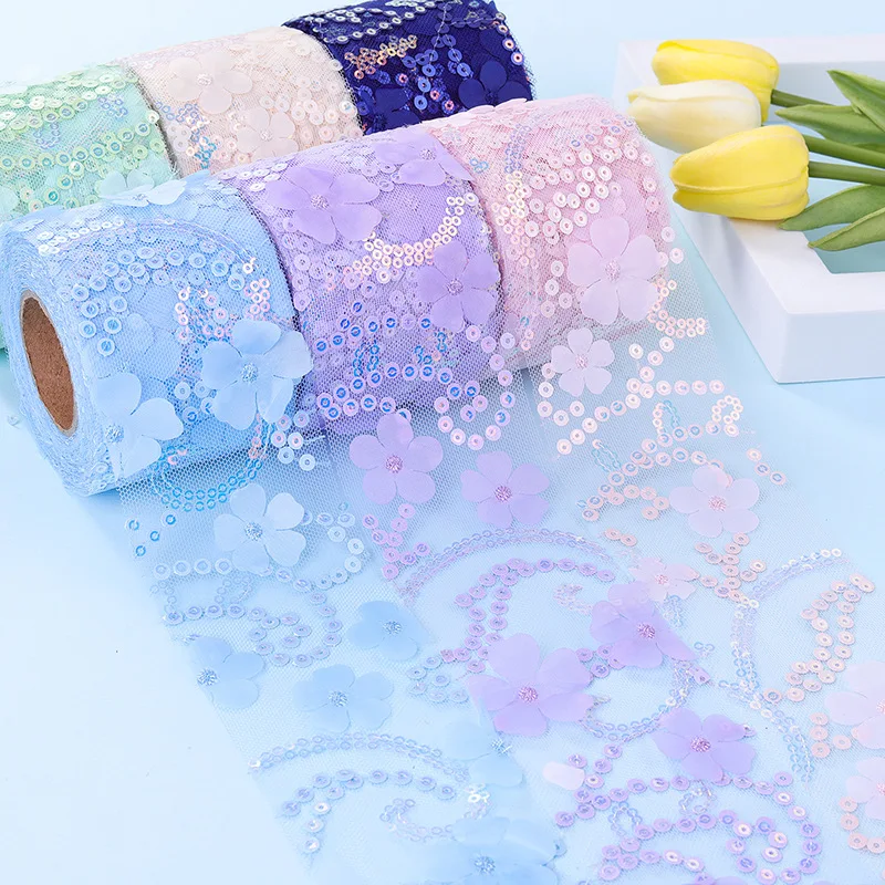 Sequins Decoration Trims Fabric Craft Supplies 10Yards/bag 3D Flower Glitter Tulle Roll Width 6cm Crystal Sequin Organza DIY Craft Tutu Skirt Gift Home Wedding Party Decor