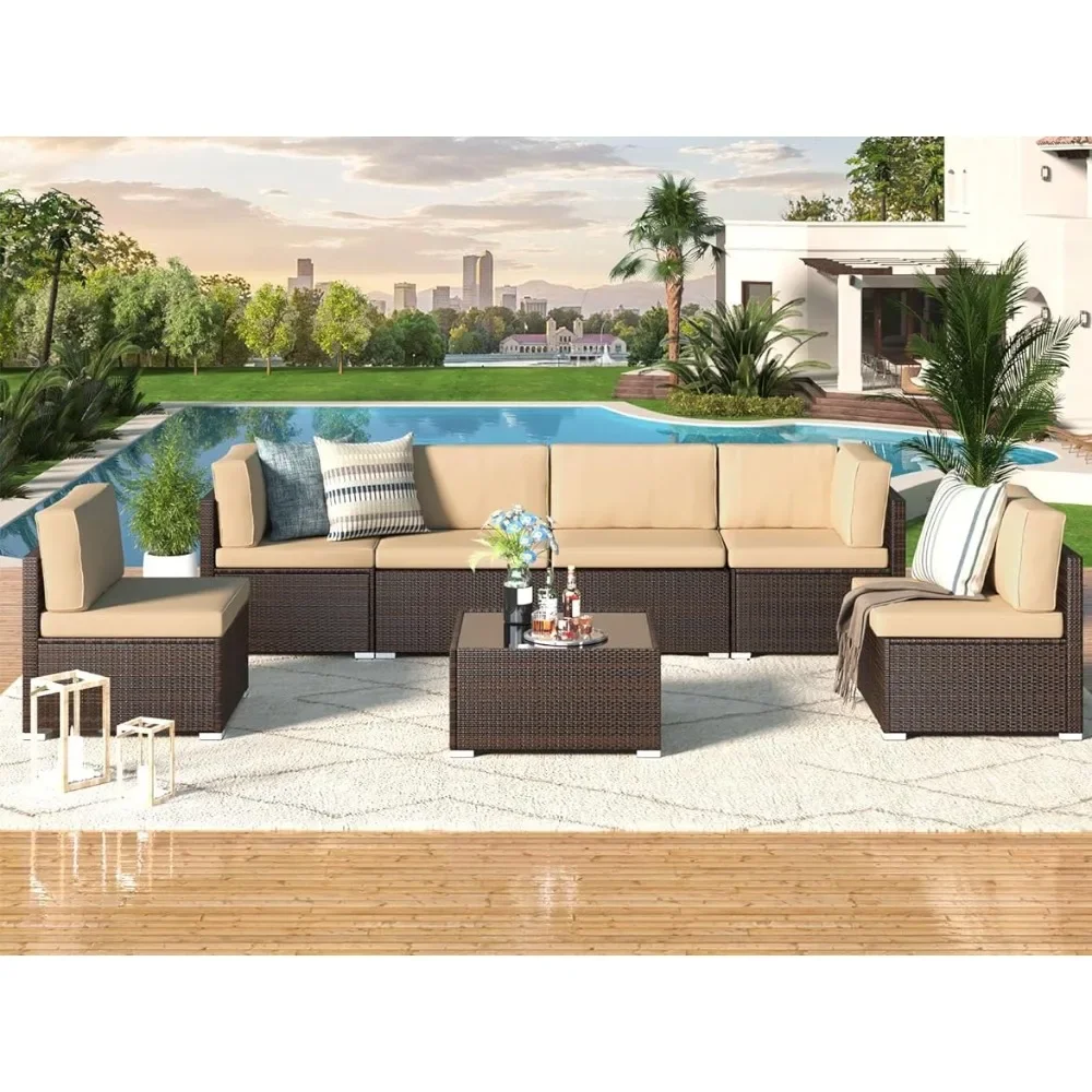 

Outdoor Table Set 7 Piece Outdoor Patio Furniture Set Backyard(Khaki Cushions and Brown PE Rattan) Patio Sectional for Garden