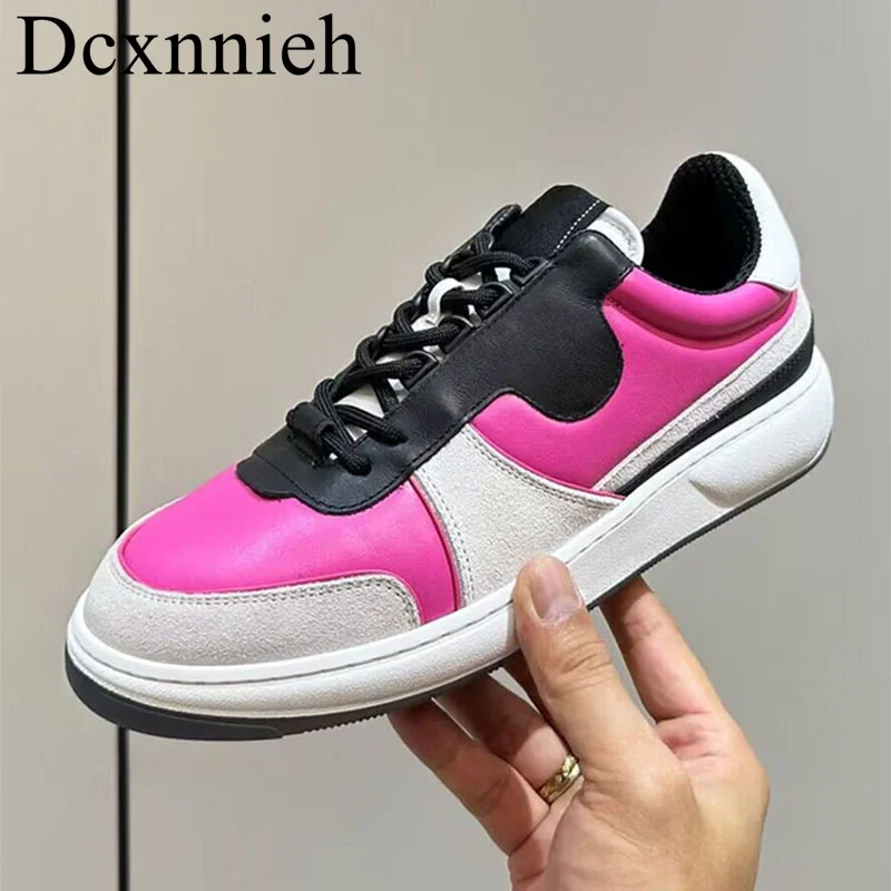 

Spring and Autumn New Genuine Leather Spliced Flat Shoes Women's Lace up Mixed Color Casual Shoes Outdoor Vacation Walking Shoes