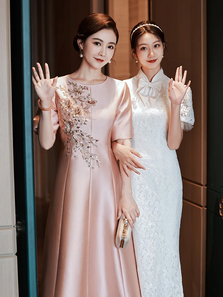 Pink Satin Mother Of The Mother Bride Dresses Elegant Round Neck A