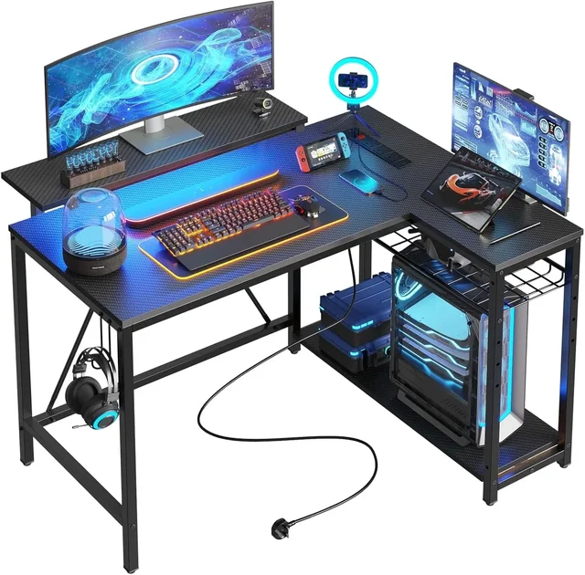 L Shaped Desk with Power Outlets & LED Lights Compact Corner Desk with Shelves，Reversible Computer Desk with Hooks for Home