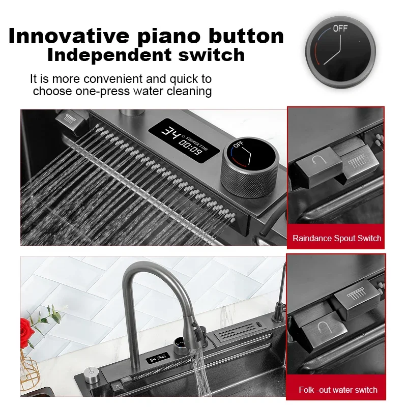 Stainless Steel Multifunctional Sink for Kitchen Sink Cuba Waterfall Black Nano Wash Basin Smart Large Faucet