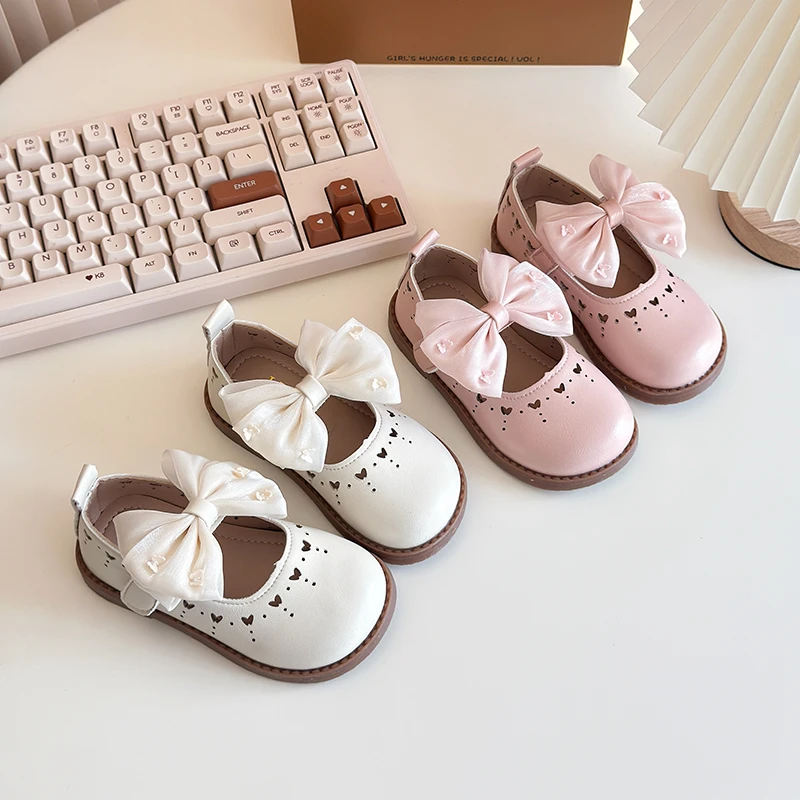 Little Girl's Leather Shoes Cut-outs Bowtie Pu Leather Shallow Kids Mary Janes Round Toe Children Shoes 21-30