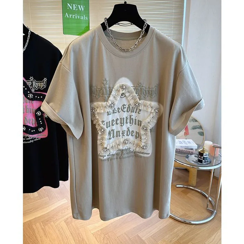 

Korean Fashionable Beading Spliced Tops for Female Summer Women's Clothing Casual Streetwear Loose Printed Short Sleeve T-shirt