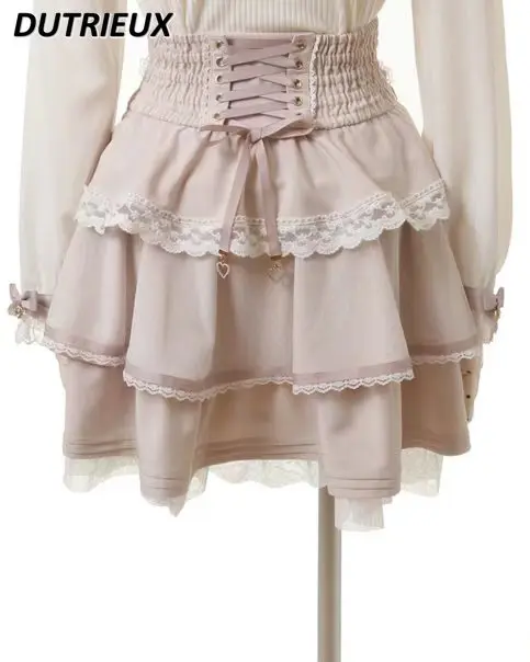 Japanese Mine Series Mass Production Multi-Layer Lace Big Bow Short Black Skirts Women Lolita Cute Sweet Pink Princess Skirt black red or white lolita petticoats girl woman short underskirt crinoline petit coat peticoat pettycoat