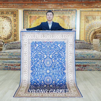 122x183cm Perisan Silk Carpet Blue Vantage Antique Handmade Tabriz Area Rugs (HF305B)