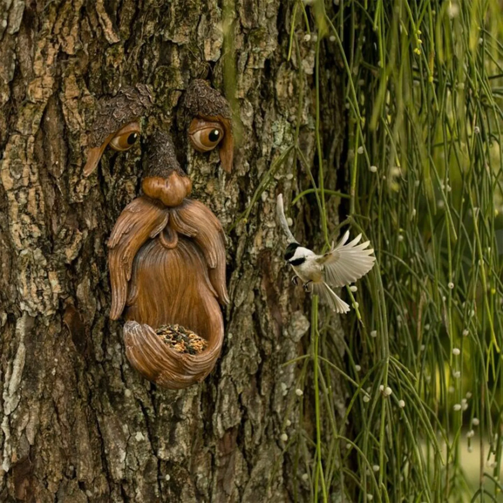 Tree Face Bird Garden Feeder Faces Hugger Decor Outdoor Man Oldsculpture Yard Wild Ornament Dark Indecoration Statue Whimsical