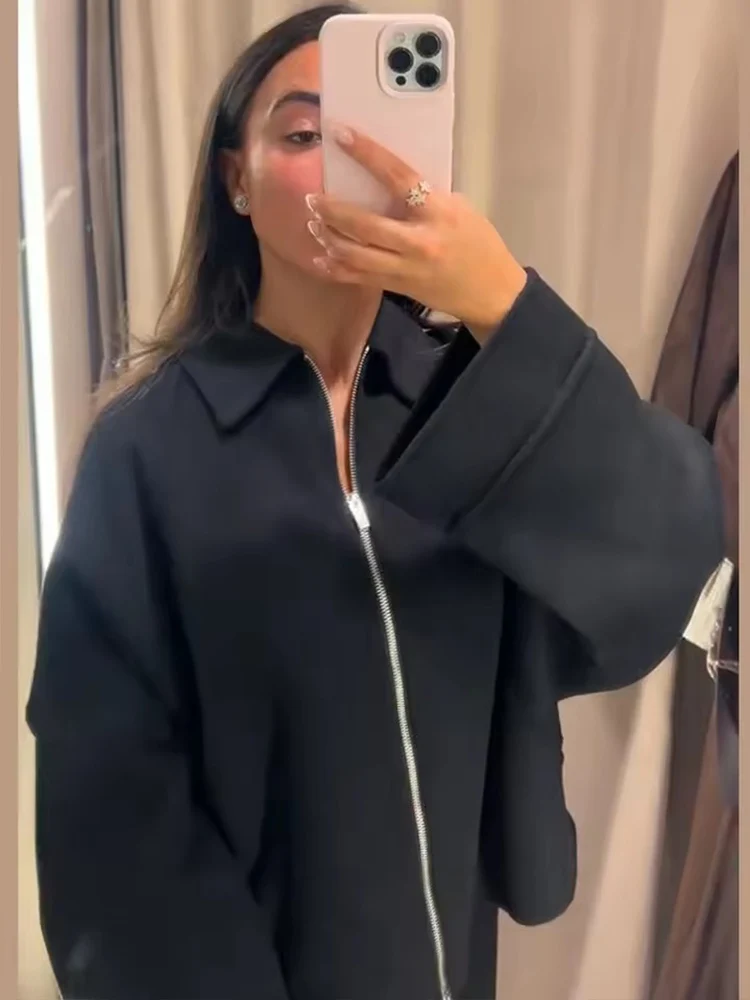 Women Woolen Jacket 2025 Autumn Winter Lapel Long Sleeve Women's Coat Zipper Loose Female Casual Outerwear Retro Lady Tops ﻿ - 3