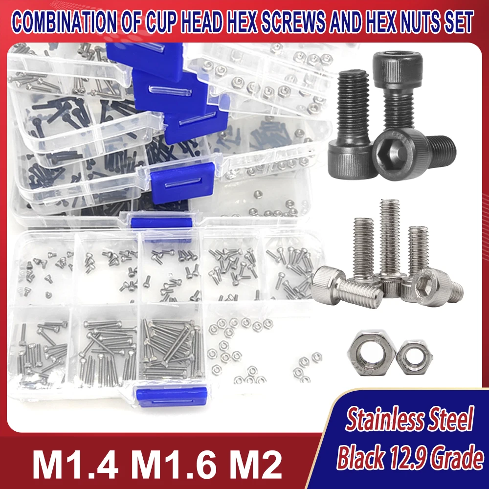 M1.4 M1.6 M2 304 Stainless Steel Cap Allen Head Bolt Grade 12.9 Black DIN912 And Nut Hexagon Hex Socket Cap Bolt Screw L = 2-16mm