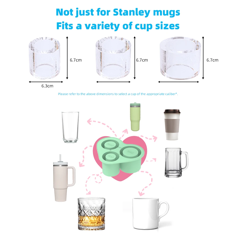 3-Grid Ice Cube Tray For Stanley 30/40 Oz Tumbler Cups Reusable Cylinder Silicone Ice Cube Molds With Lid For Drink Juice Coffee