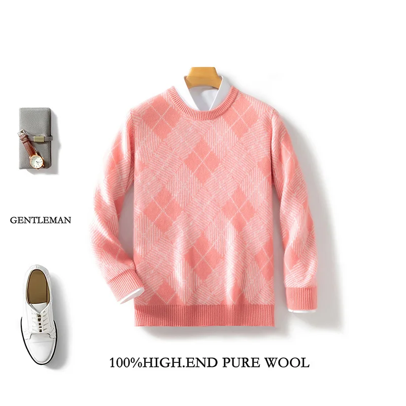 Autumn Winter Men's 100% Merino Wool Multicolor Sweater Round Neck Pullover Cashmere Thickening Tops Long Sleeve Knitwear Soft 2