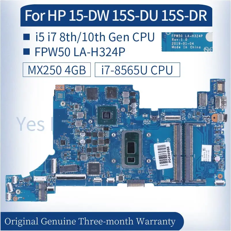 

For HP 15-DW 15T-DW 15S-DU 15S-DR Laptop Mainboard FPW50 LA-H324P L51994-601 I5 I7 8th 10th MX250 4G DDR4 Notebook Motherboard