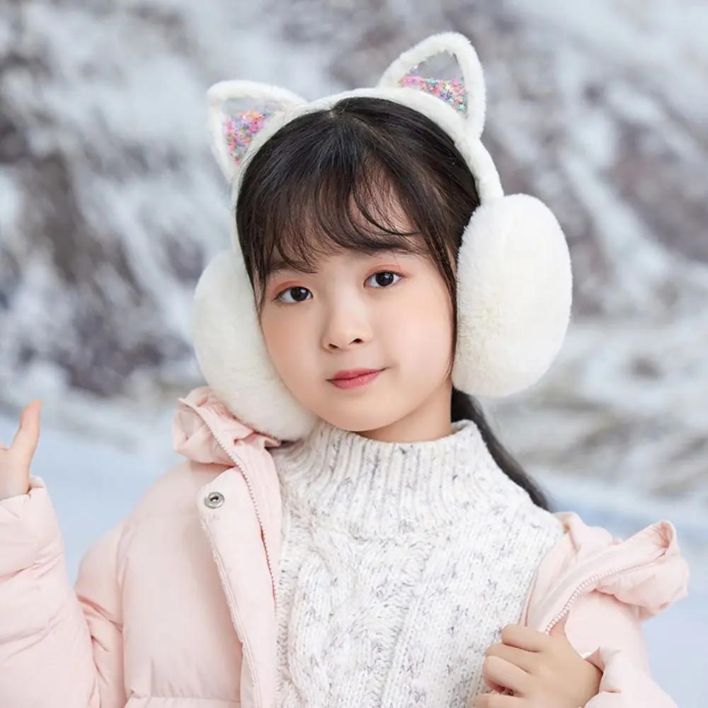 Comfortable Soft Plush Earmuffs Glitter Wind Proof Cartoon Cat Ear Earmuffs Outdoor Riding Foldable Warm Earcap