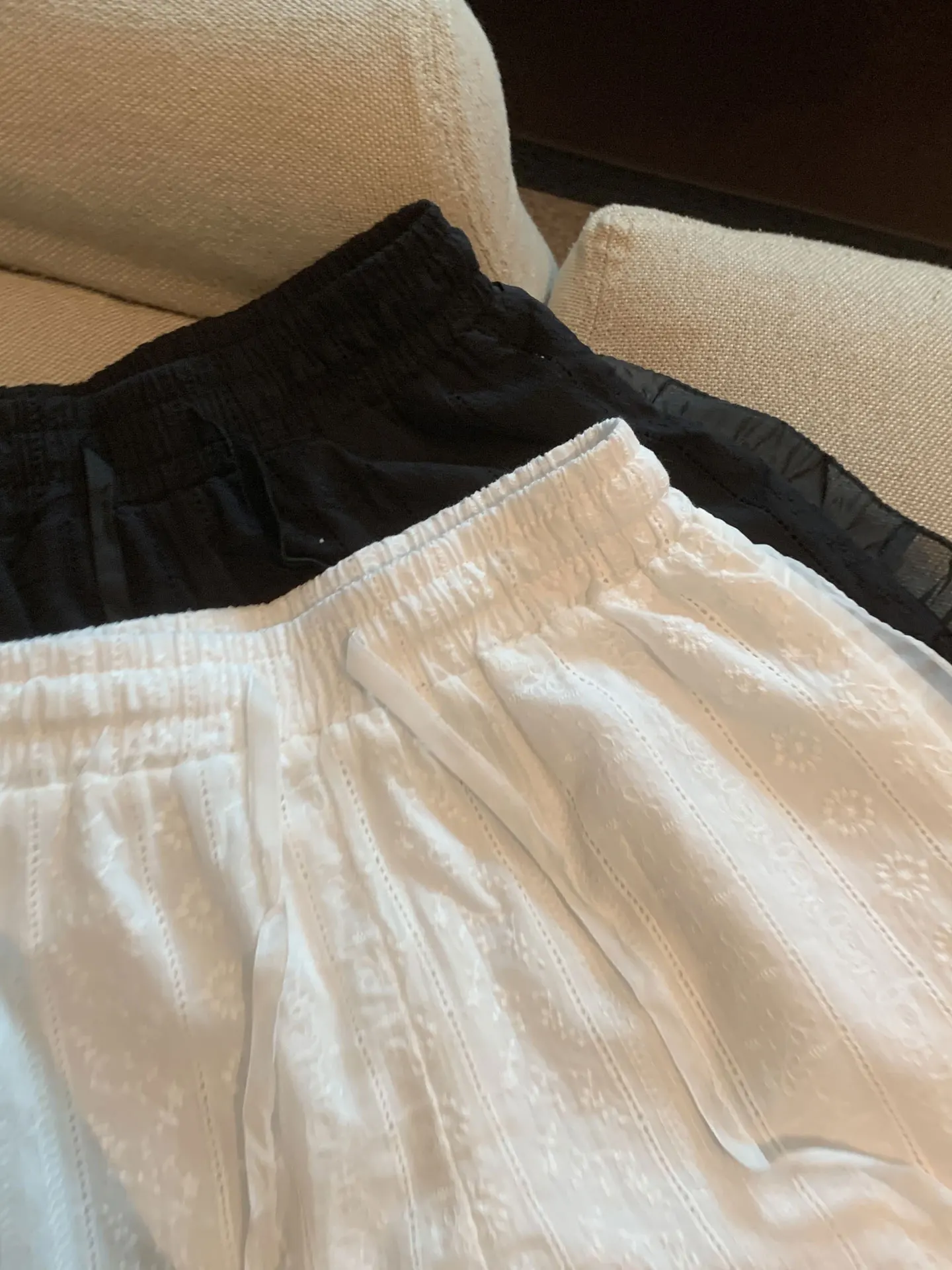 Lace Trim Hollow out orts Women's Summer Thin Season High Waist A-Line Wide Leg Pants Dstring Elastic Casual Trousers