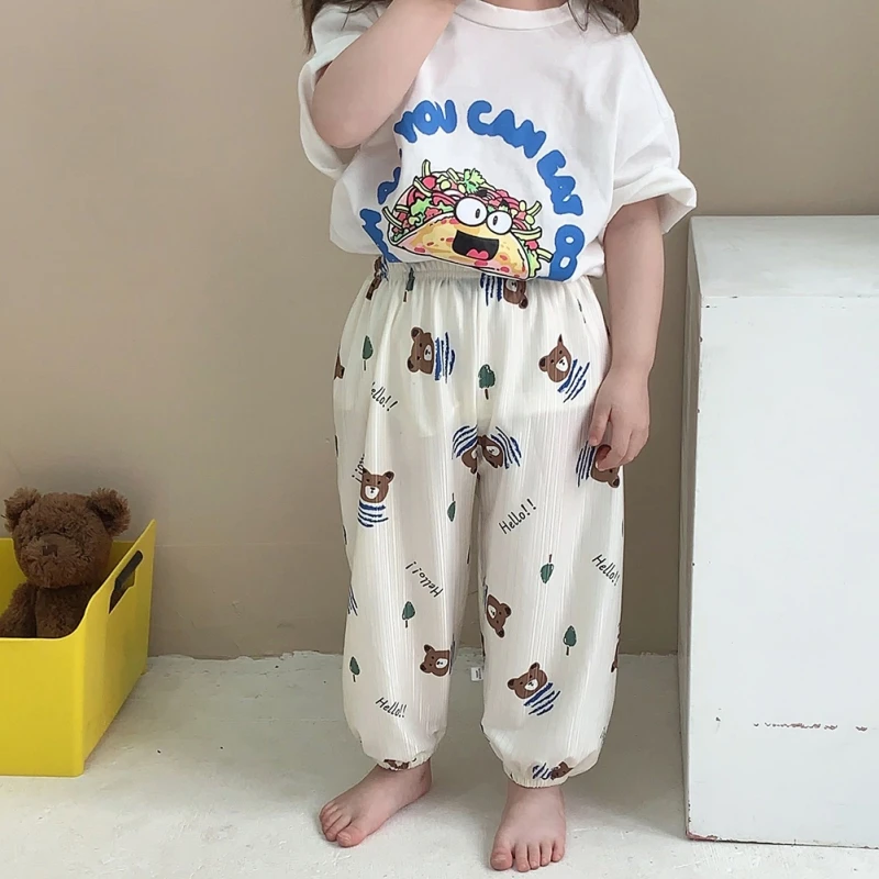 Children Pants Pajama Bottoms Summer Casual Girls Boys Thin Cartoon Printing Loose Pant Trousers Girls Hight Waist Lantern Pants