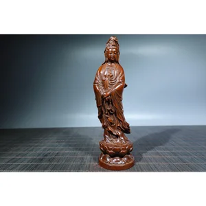 6.3"Chinese Box-wood Carving Buddhism Kwan-yin Goddess Stand Lotus Flower Statue Craft Gift Decoration Home Decore  balloon dog