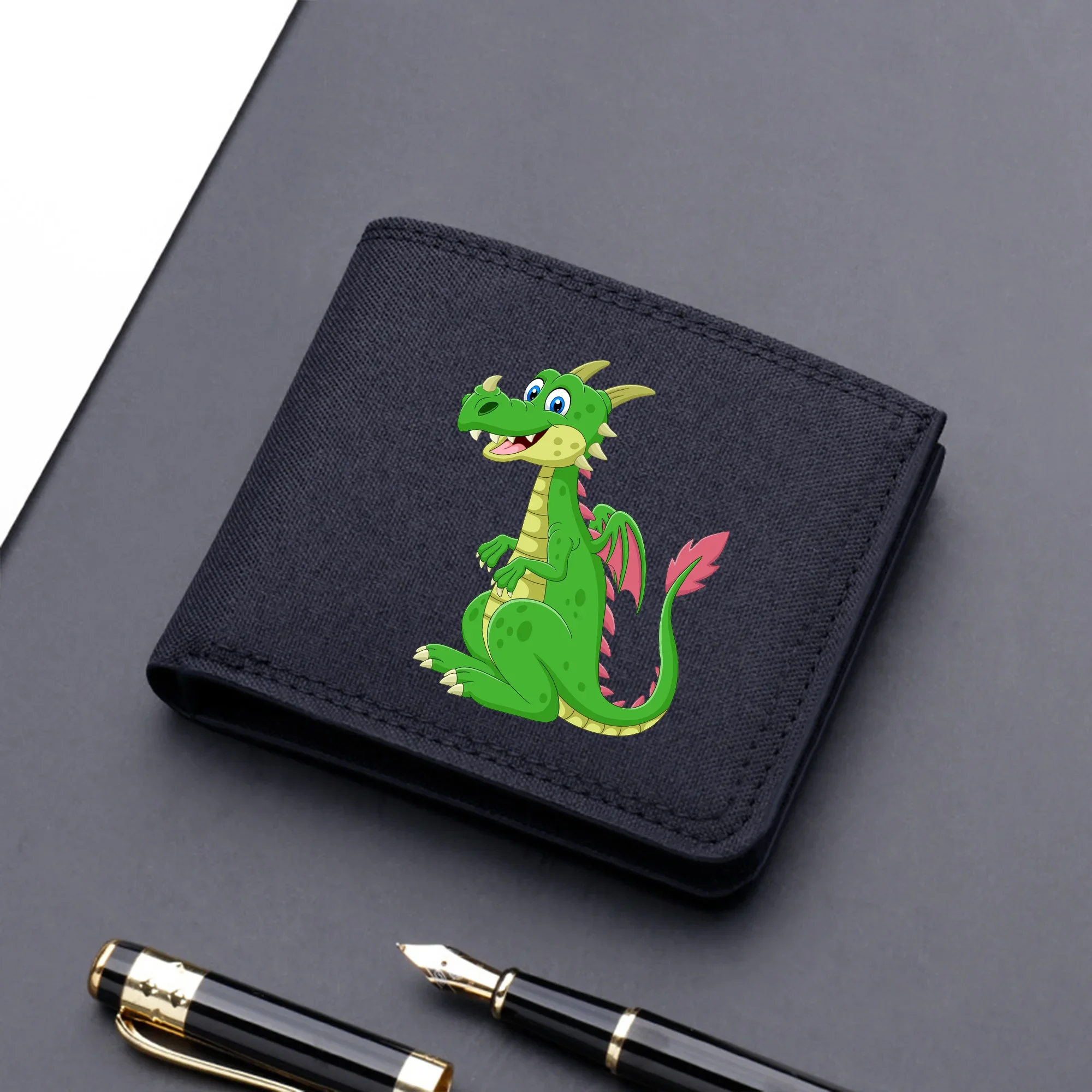 Cute Dragon Print Bifold Wallet Multi-card Card Holder Short Wallet Portable Money Clip Fashion Canvas Christmas Gifts