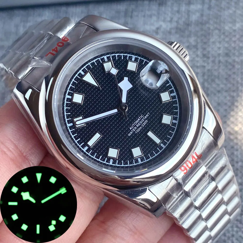 Bliger 36MM/39MM Polished Case Sterile Blue/Black Dial Lume Snowflake Hand Auto Date Display NH35A Movt Men Watch Sapphire Glass tandorio 20atm 39mm 24h bezel black sky blue white dial snowflake hands gmt nh34a automatic men watch sapphire glass screw crown