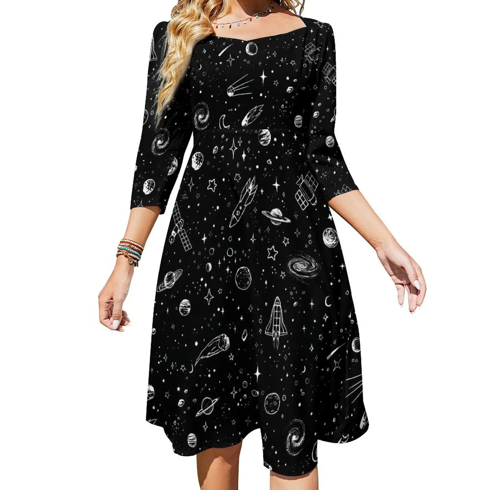 

Space Starry Night Casual Dress Womens Planets Print Aesthetic Dresses Cute Dress With Bow Summer Oversized Vestidos