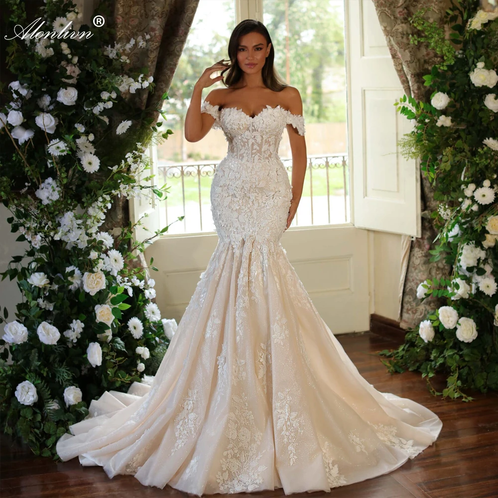 

Alonlivn Charming Lace Sweetheart Mermaid Weddind Dress With 3D Flowers Appliques Off Shoulder Sleeves Trumpet Bridal Gowns